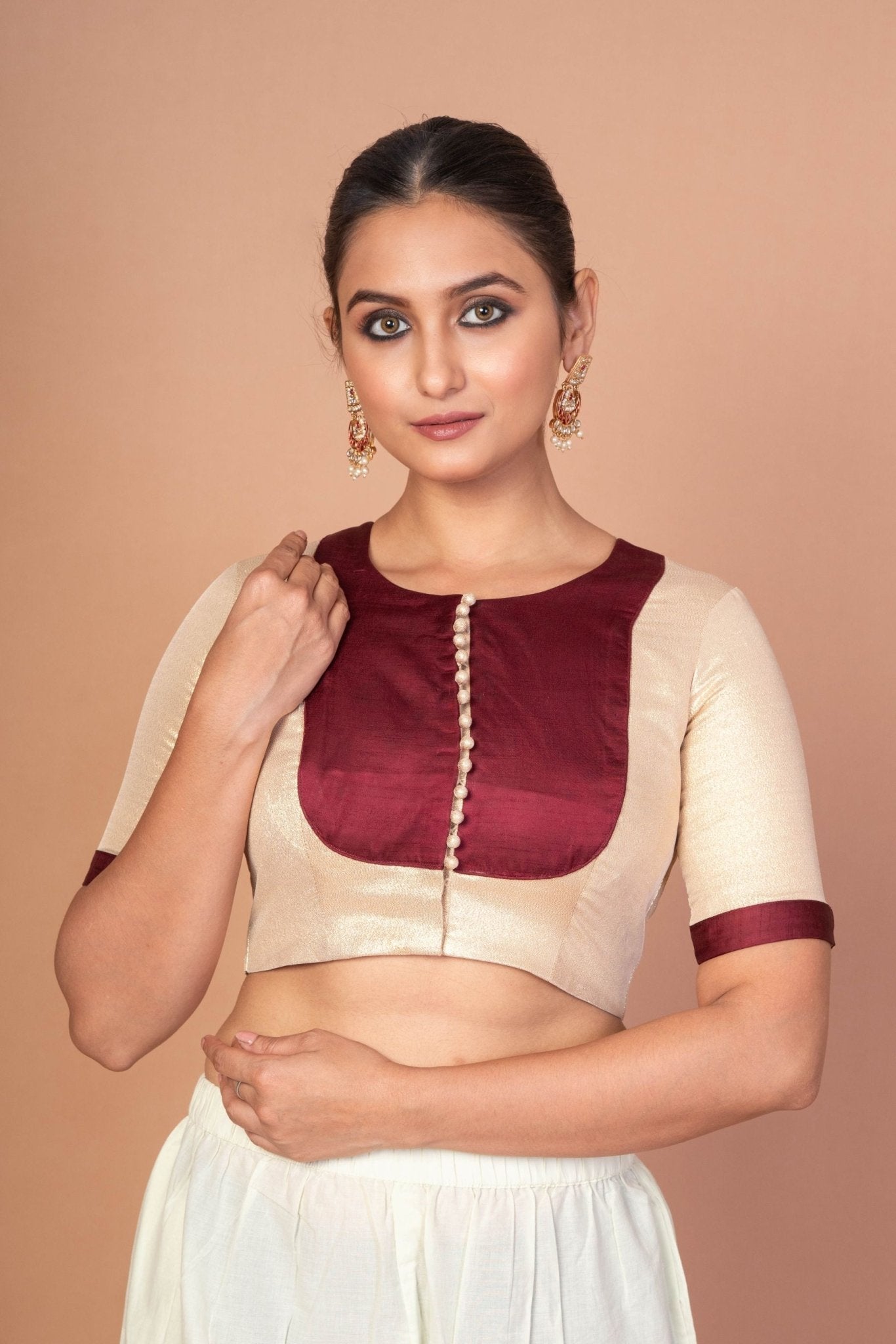 Maroon and Golden Designer Blouse with Elbow Sleeves with Back Closer - Anvi Couture