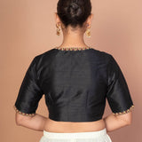 Black Raw Silk Blouse with Red & Gold Hand Embroidery, Scoop Neck & Elbow Sleeves - Anvi Couture