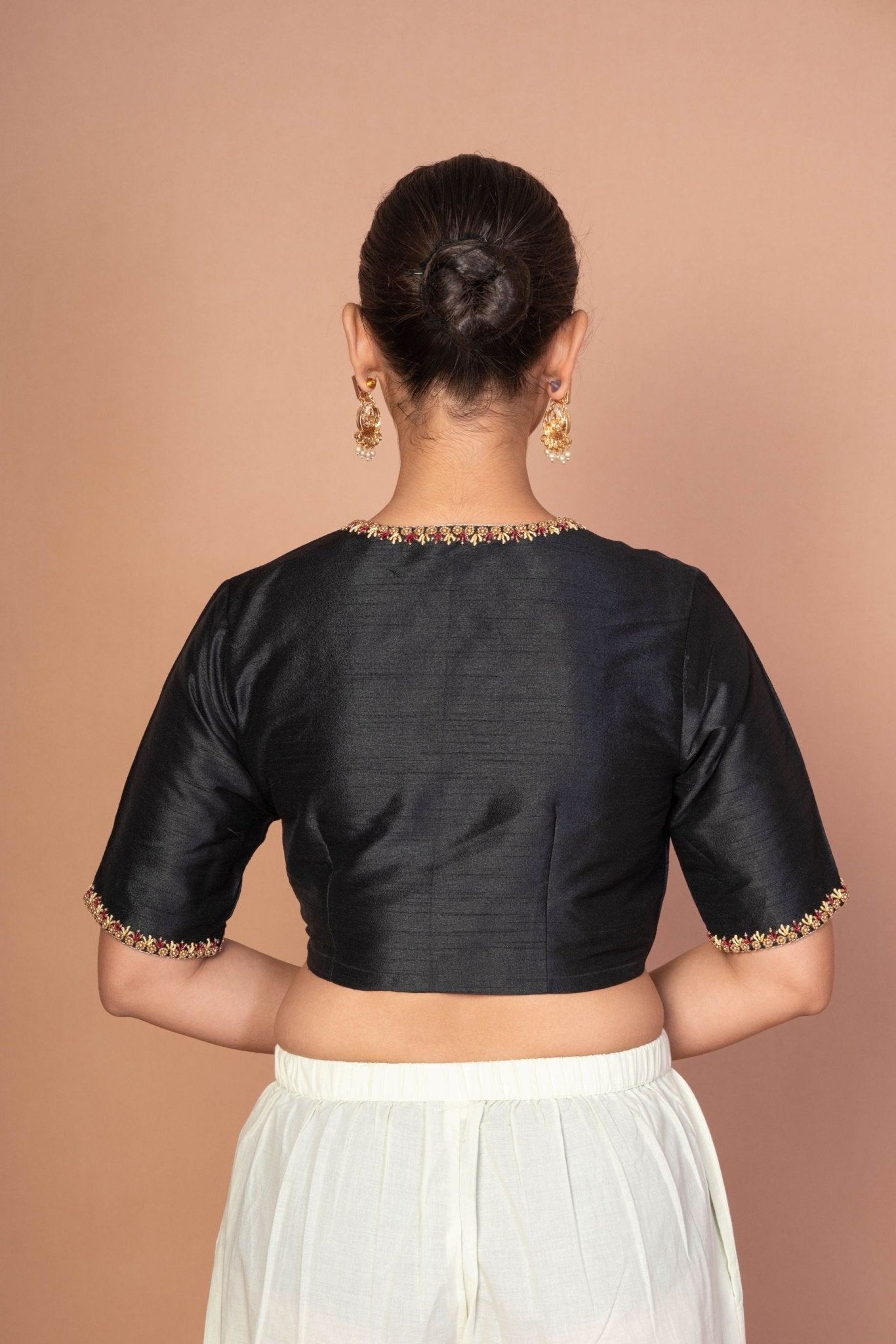 Black Raw Silk Blouse with Red & Gold Hand Embroidery, Scoop Neck & Elbow Sleeves - Anvi Couture