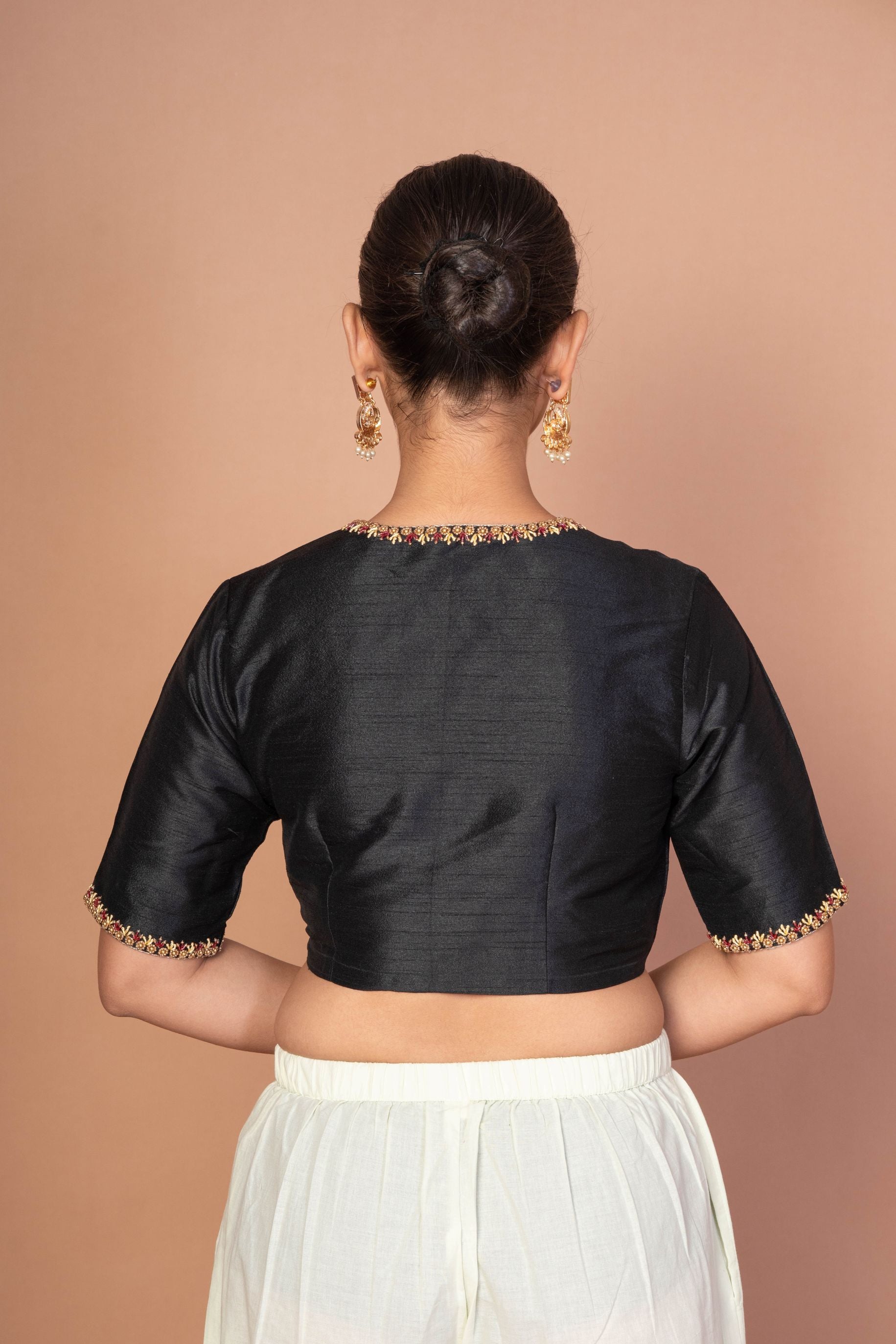 Black Raw Silk Blouse with Red & Gold Hand Embroidery, Scoop Neck & Elbow Sleeves image 4