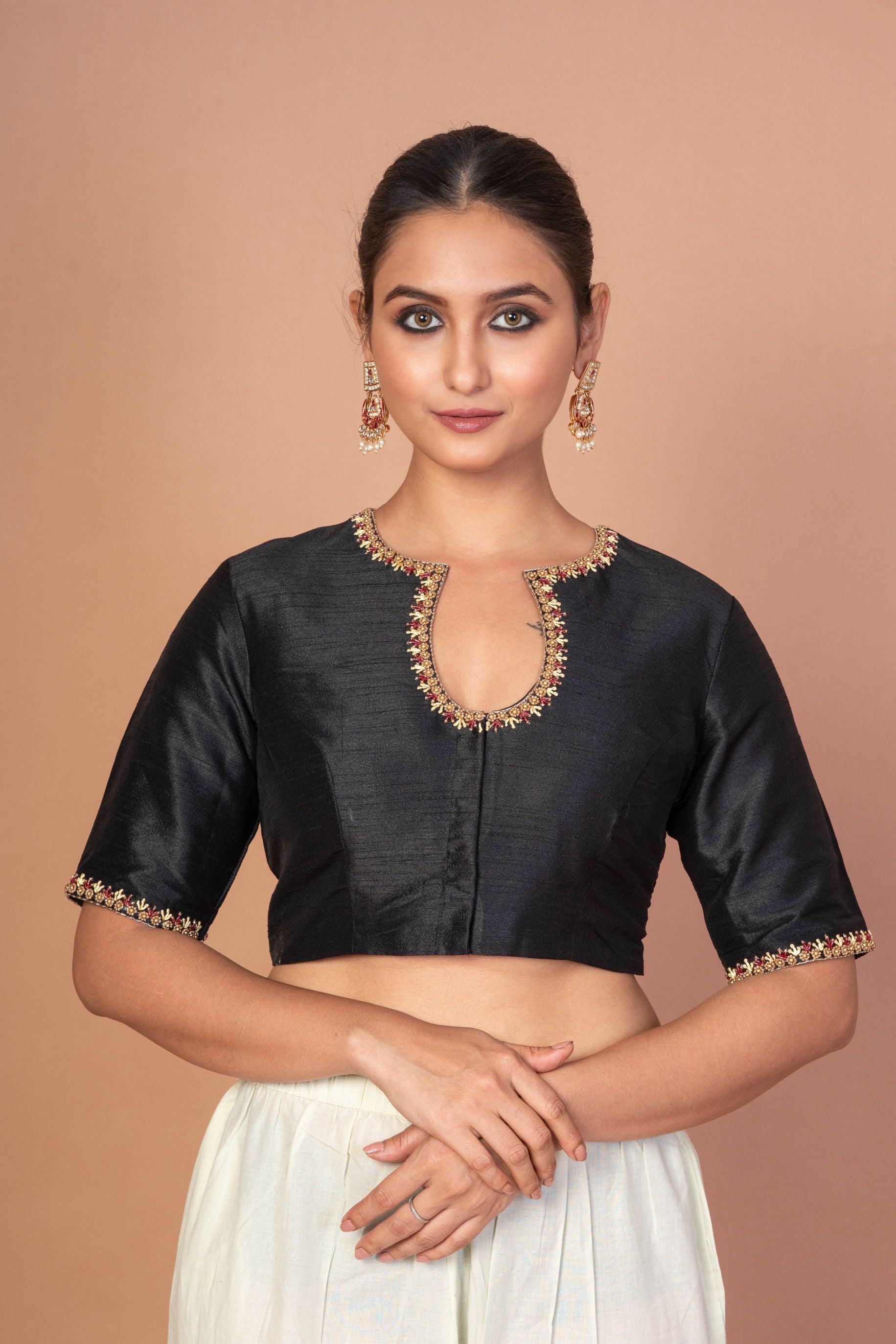 Black Raw Silk Blouse with Red & Gold Hand Embroidery, Scoop Neck & Elbow Sleeves image 1