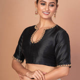 Black Raw Silk Blouse with Red & Gold Hand Embroidery, Scoop Neck & Elbow Sleeves - Anvi Couture