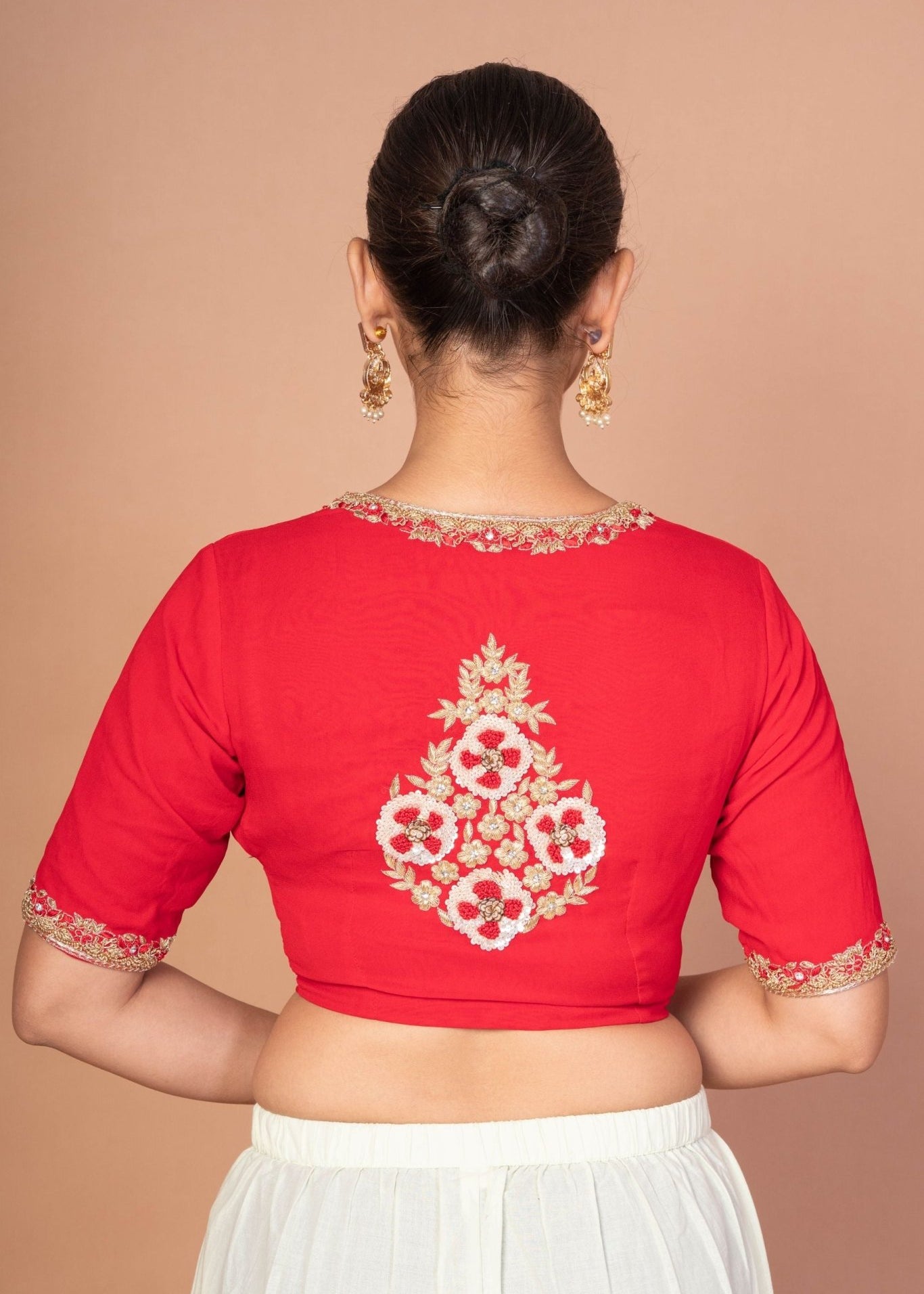 Red Hand - Embroidered Blouse with Round Neck and Back Closure - Anvi Couture