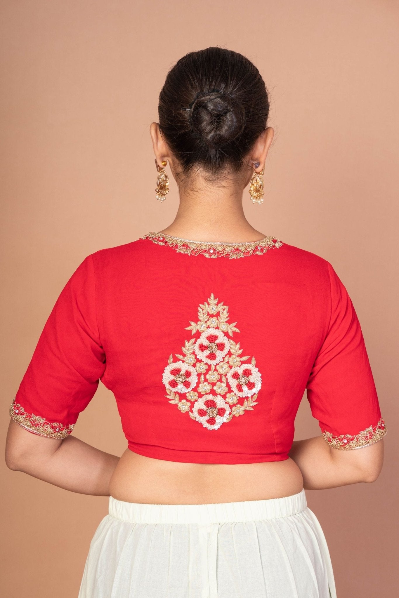 Red Hand - Embroidered Blouse with Round Neck and Back Closure - Anvi Couture