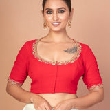 Red Hand - Embroidered Blouse with Round Neck and Back Closure - Anvi Couture