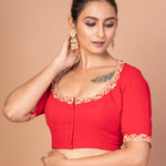 Red Hand - Embroidered Blouse with Round Neck and Back Closure - Anvi Couture