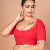 Red Hand - Embroidered Blouse with Round Neck and Back Closure - Anvi Couture