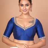 Blue Hand - Embroidered Blouse with Round Neck and Back Closure - Anvi Couture
