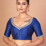 Blue Hand - Embroidered Blouse with Round Neck and Back Closure - Anvi Couture