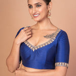 Blue Hand - Embroidered Blouse with Round Neck and Back Closure - Anvi Couture