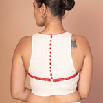 Designer White Hakoba Blouse with Sleeveless Cut and Red Lace Embroidery - Anvi Couture