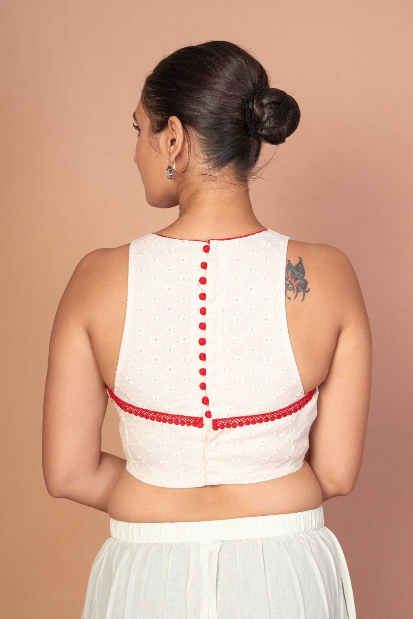 Designer White Hakoba Blouse with Sleeveless Cut and Red Lace Embroidery - Anvi Couture