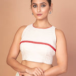 Designer White Hakoba Blouse with Sleeveless Cut and Red Lace Embroidery - Anvi Couture