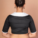 Classic Black and White Blouse with Collar, Elbow Sleeves, and Lace Embroidery - Anvi Couture