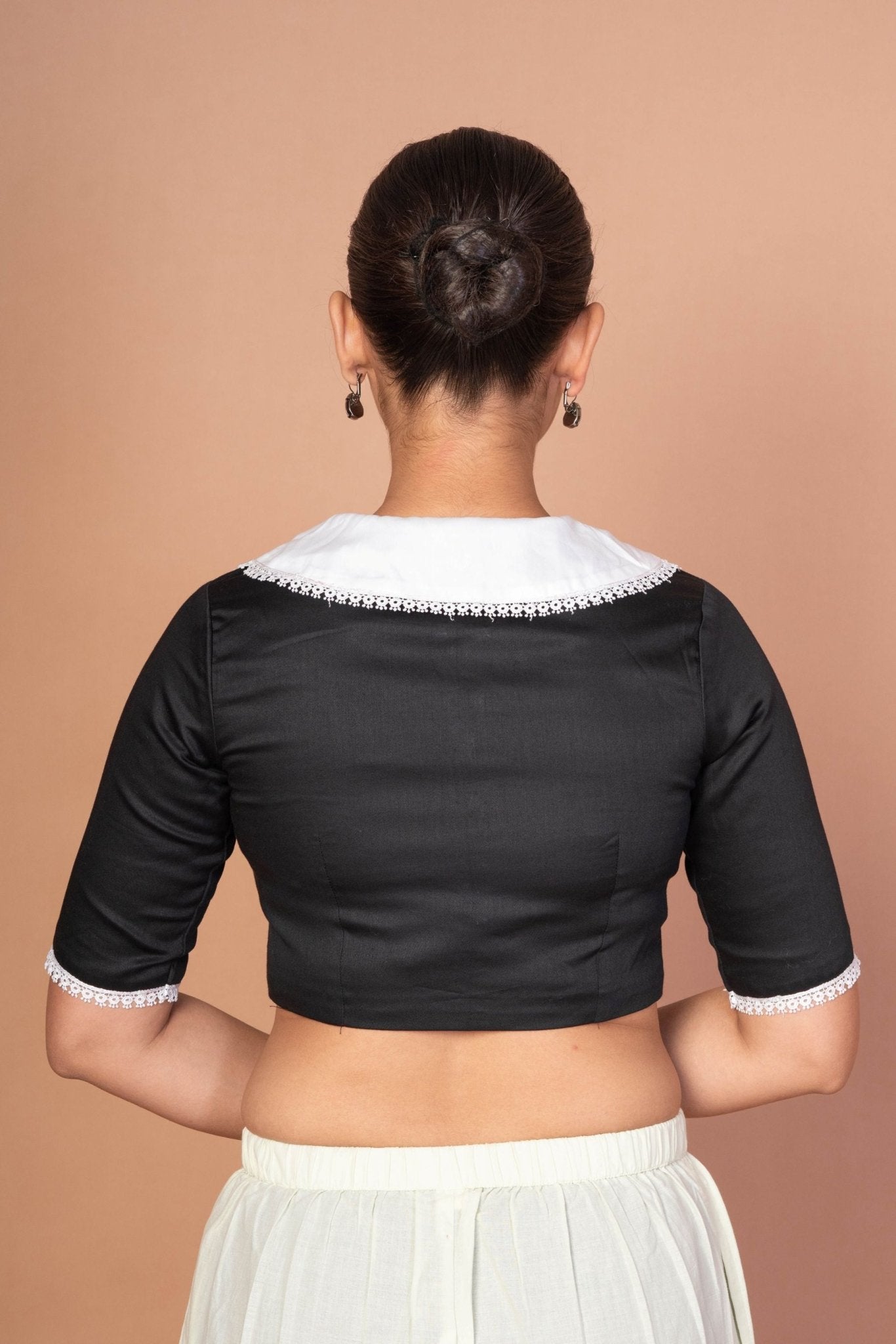 Classic Black and White Blouse with Collar, Elbow Sleeves, and Lace Embroidery - Anvi Couture