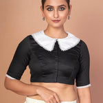 Classic Black and White Blouse with Collar, Elbow Sleeves, and Lace Embroidery - Anvi Couture