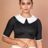 Classic Black and White Blouse with Collar, Elbow Sleeves, and Lace Embroidery - Anvi Couture