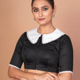 Classic Black and White Blouse with Collar, Elbow Sleeves, and Lace Embroidery - Anvi Couture