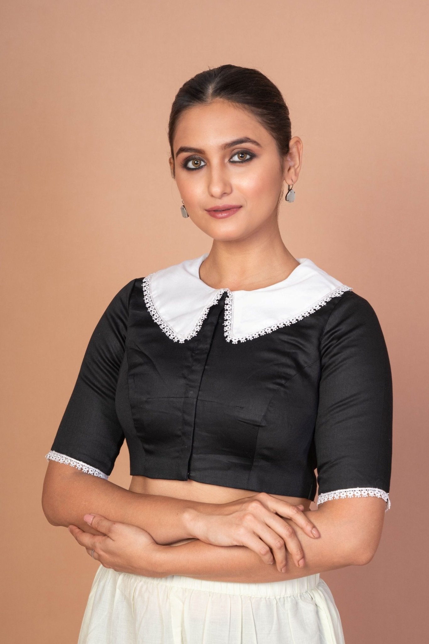 Classic Black and White Blouse with Collar, Elbow Sleeves, and Lace Embroidery - Anvi Couture