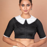 Classic Black and White Blouse with Collar, Elbow Sleeves, and Lace Embroidery - Anvi Couture