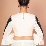 Chic White Hakoba Blouse with Stylish Back Print and Ruffle Sleeves - Anvi Couture