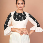 Chic White Hakoba Blouse with Stylish Back Print and Ruffle Sleeves - Anvi Couture