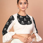Chic White Hakoba Blouse with Stylish Back Print and Ruffle Sleeves - Anvi Couture