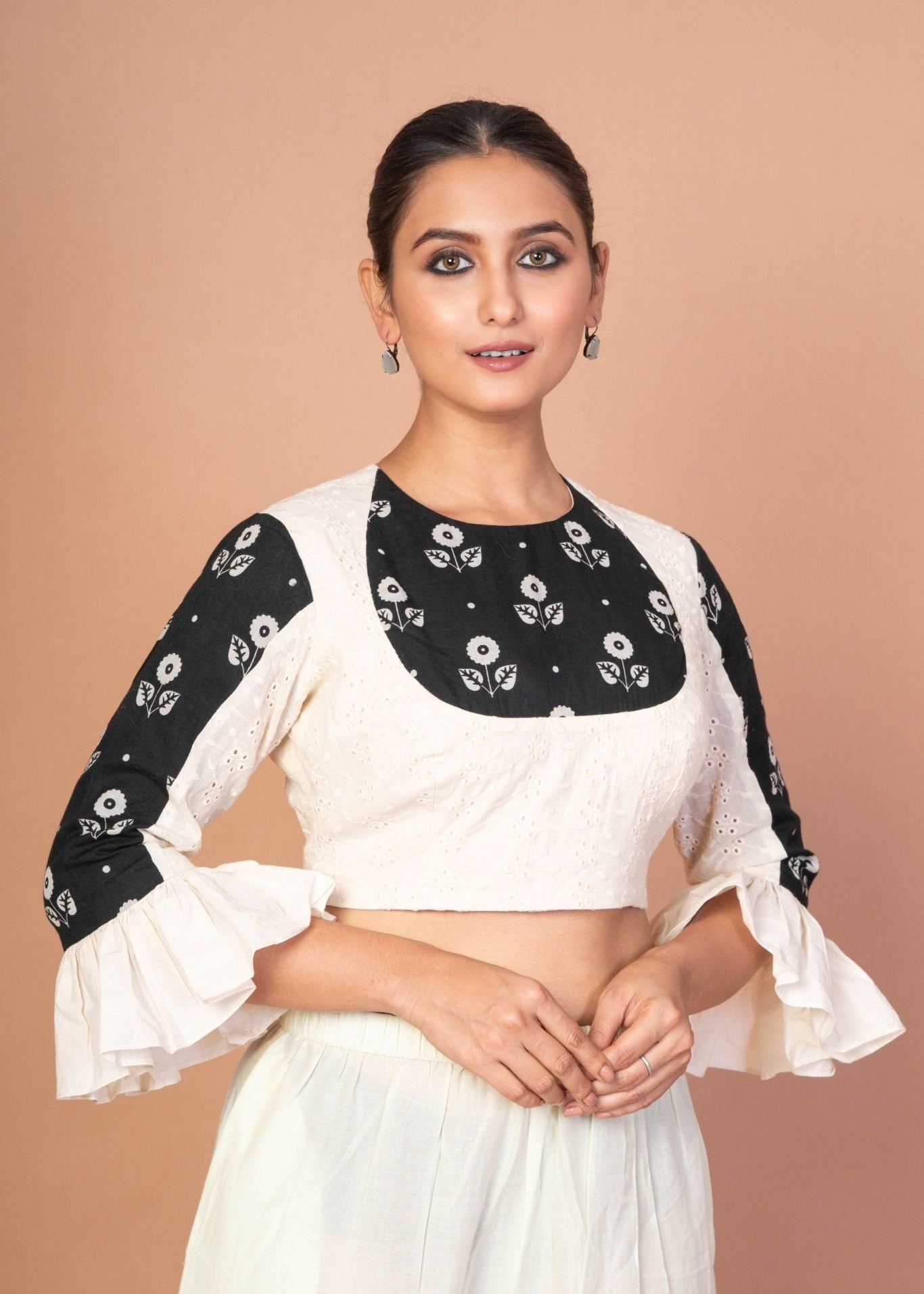 Chic White Hakoba Blouse with Stylish Back Print and Ruffle Sleeves - Anvi Couture