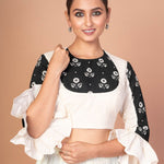 Chic White Hakoba Blouse with Stylish Back Print and Ruffle Sleeves - Anvi Couture