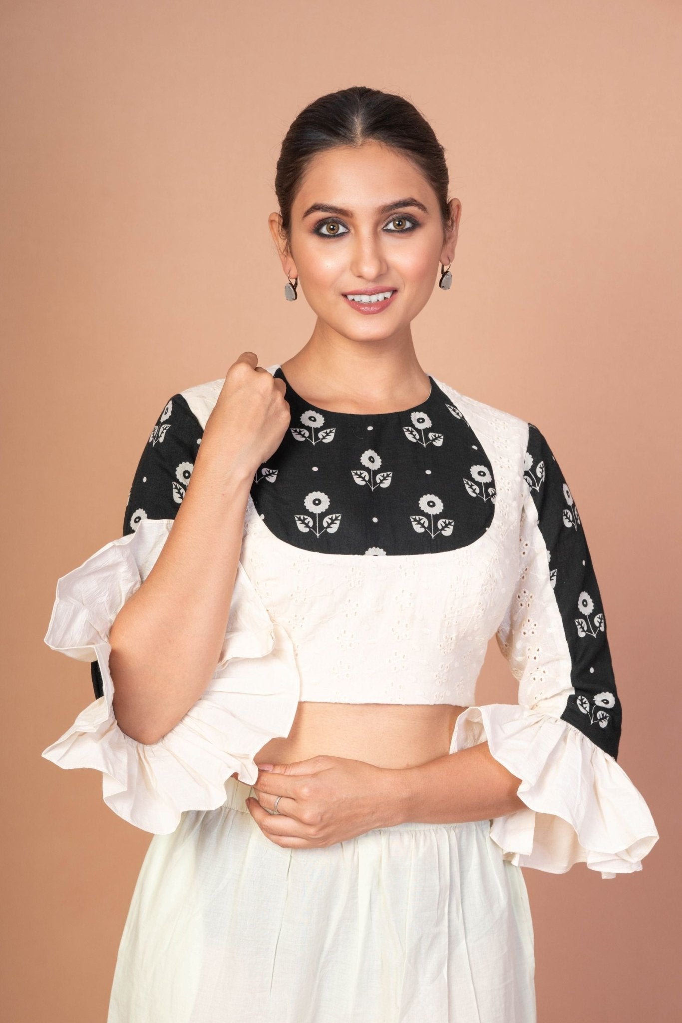 Chic White Hakoba Blouse with Stylish Back Print and Ruffle Sleeves - Anvi Couture