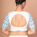 Classic White Sweetheart Neckline Blouse with Printed Blue Sleeves and Back Closure - Anvi Couture