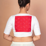 Red & White Embroidered Designer Blouse with V - Neck, Elbow Sleeves & Back Closure - Anvi Couture