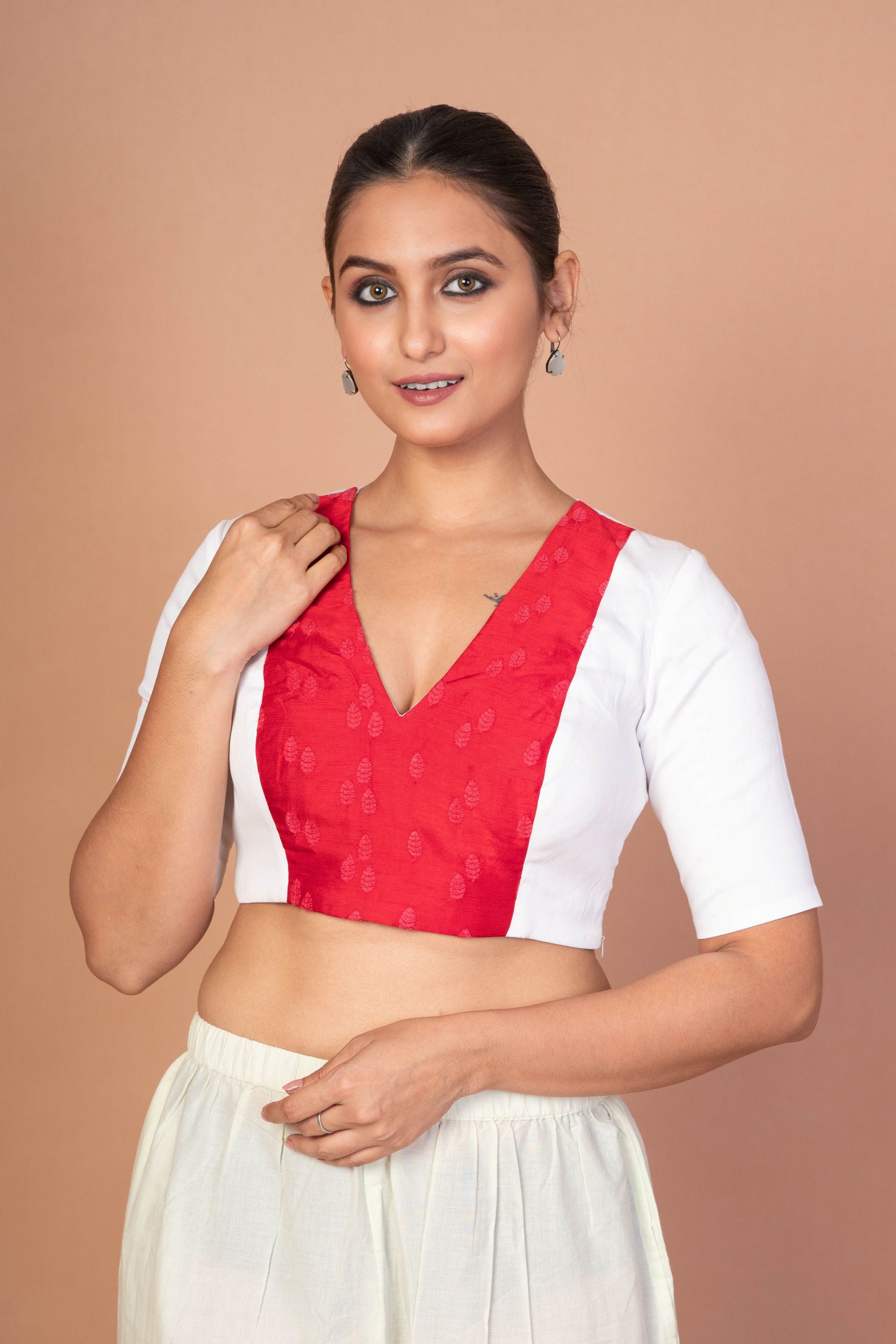 Red & White Embroidered Designer Blouse with V-Neck, Elbow Sleeves & Back Closure - image 1