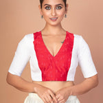Red & White Embroidered Designer Blouse with V - Neck, Elbow Sleeves & Back Closure - Anvi Couture