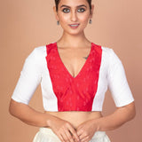 Red & White Embroidered Designer Blouse with V - Neck, Elbow Sleeves & Back Closure - Anvi Couture