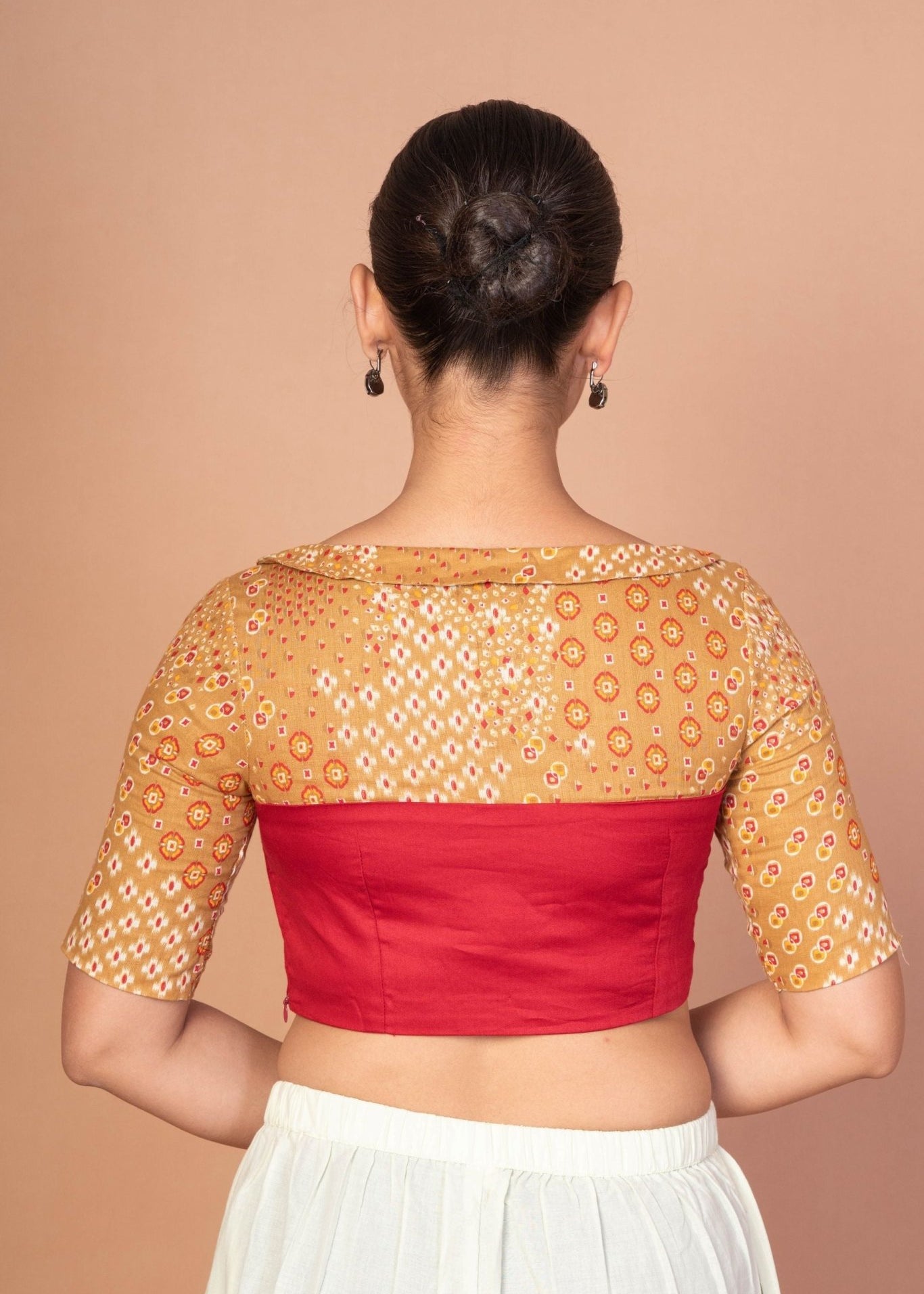 Maroon and Musturd Yellow Printed Designer blouse with Boat Neckline and Elbow Sleeves - Anvi Couture