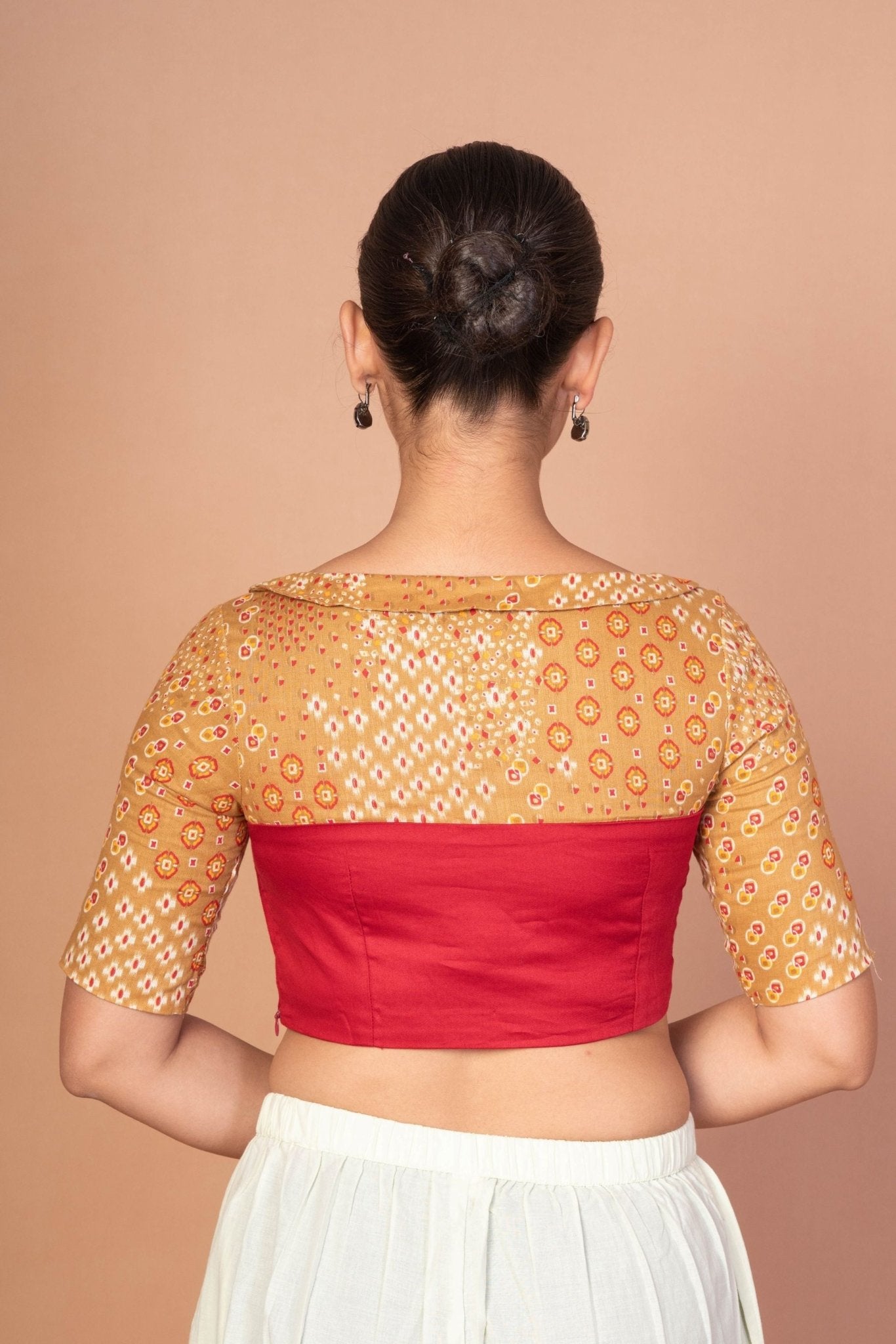 Maroon and Musturd Yellow Printed Designer blouse with Boat Neckline and Elbow Sleeves - Anvi Couture