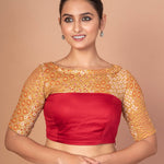 Maroon and Musturd Yellow Printed Designer blouse with Boat Neckline and Elbow Sleeves - Anvi Couture