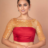 Maroon and Musturd Yellow Printed Designer blouse with Boat Neckline and Elbow Sleeves - Anvi Couture