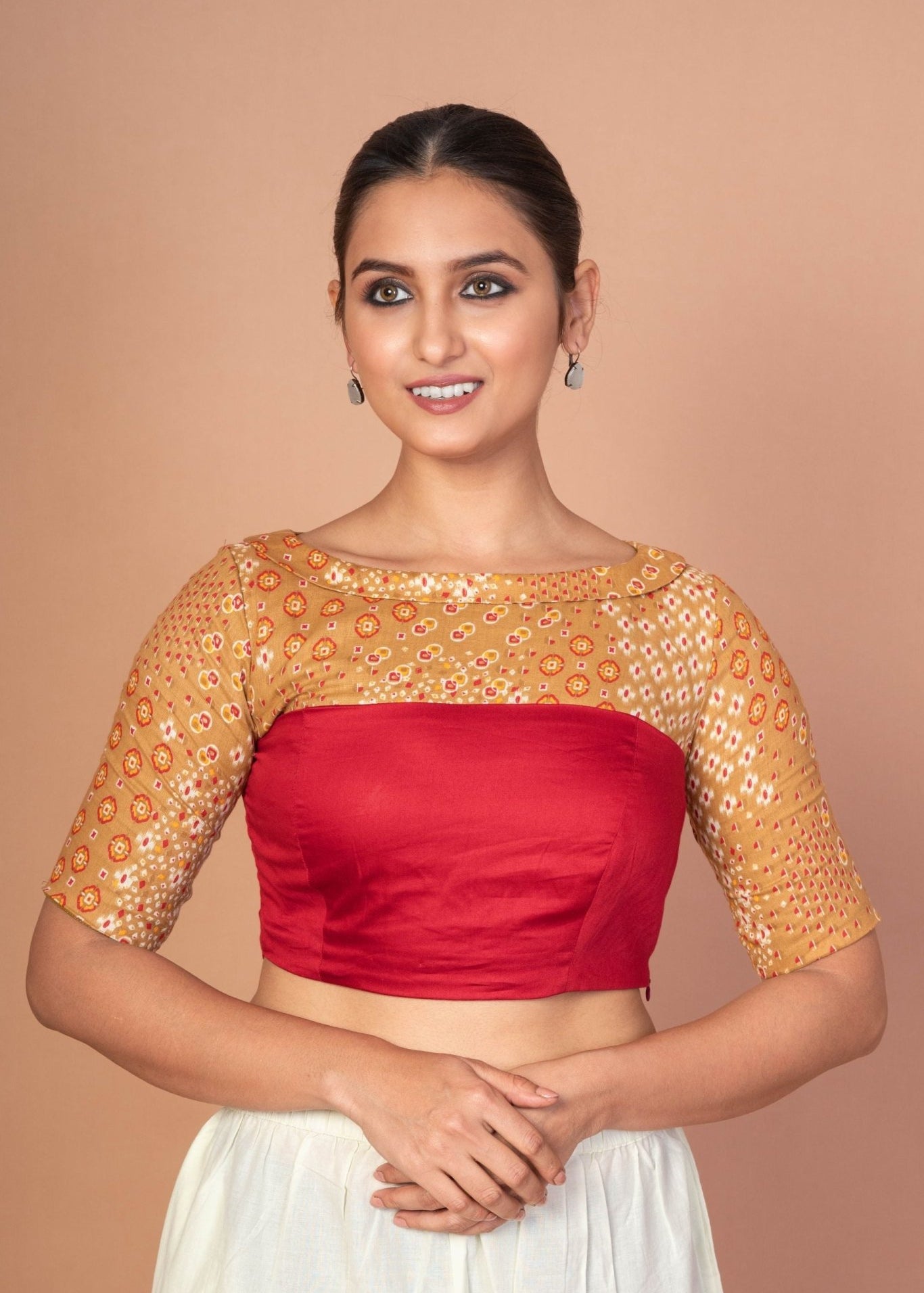 Maroon and Musturd Yellow Printed Designer blouse with Boat Neckline and Elbow Sleeves - Anvi Couture