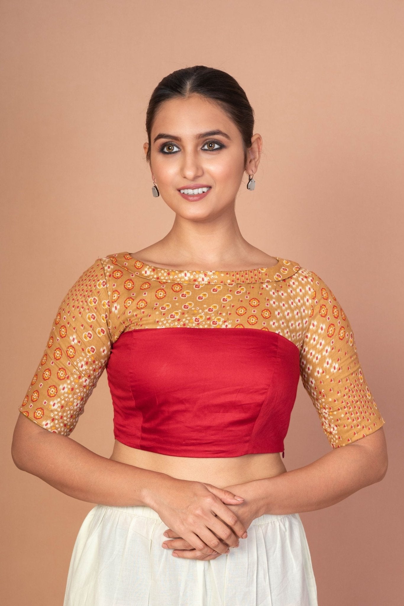 Maroon and Musturd Yellow Printed Designer blouse with Boat Neckline and Elbow Sleeves - Anvi Couture