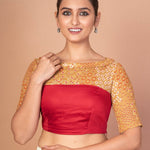 Maroon and Musturd Yellow Printed Designer blouse with Boat Neckline and Elbow Sleeves - Anvi Couture