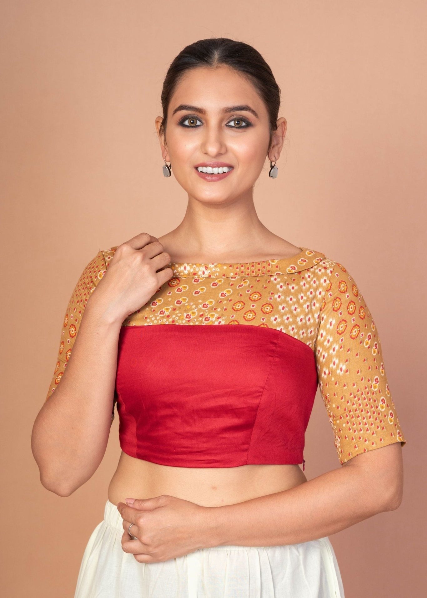 Maroon and Musturd Yellow Printed Designer blouse with Boat Neckline and Elbow Sleeves - Anvi Couture