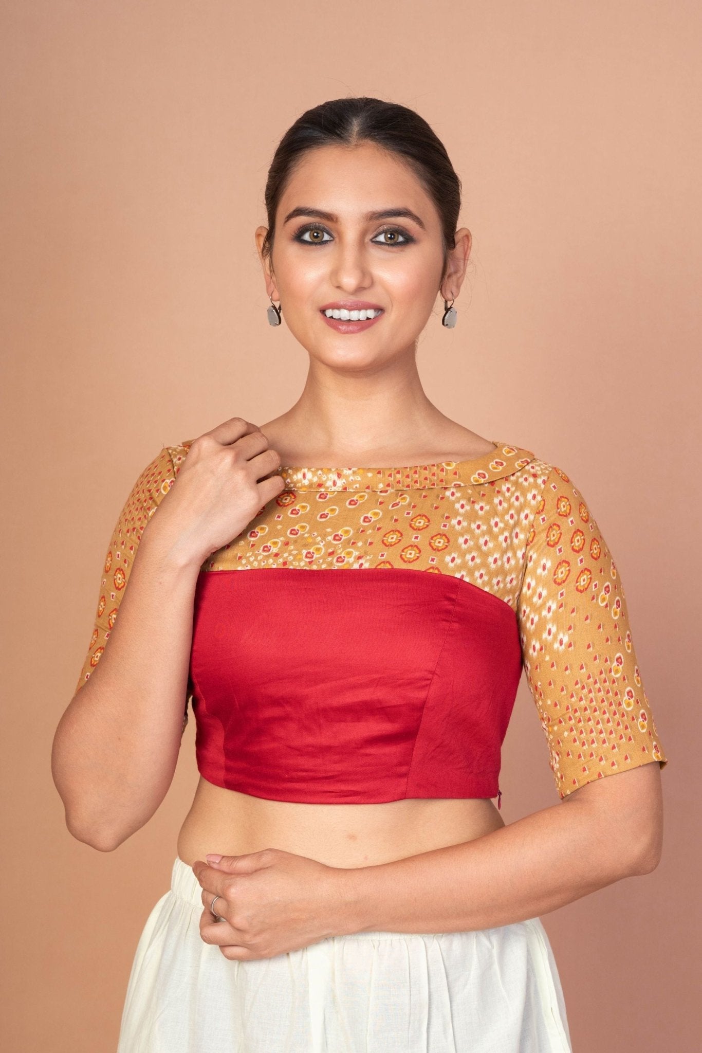 Maroon and Musturd Yellow Printed Designer blouse with Boat Neckline and Elbow Sleeves - Anvi Couture