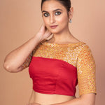 Maroon and Musturd Yellow Printed Designer blouse with Boat Neckline and Elbow Sleeves - Anvi Couture