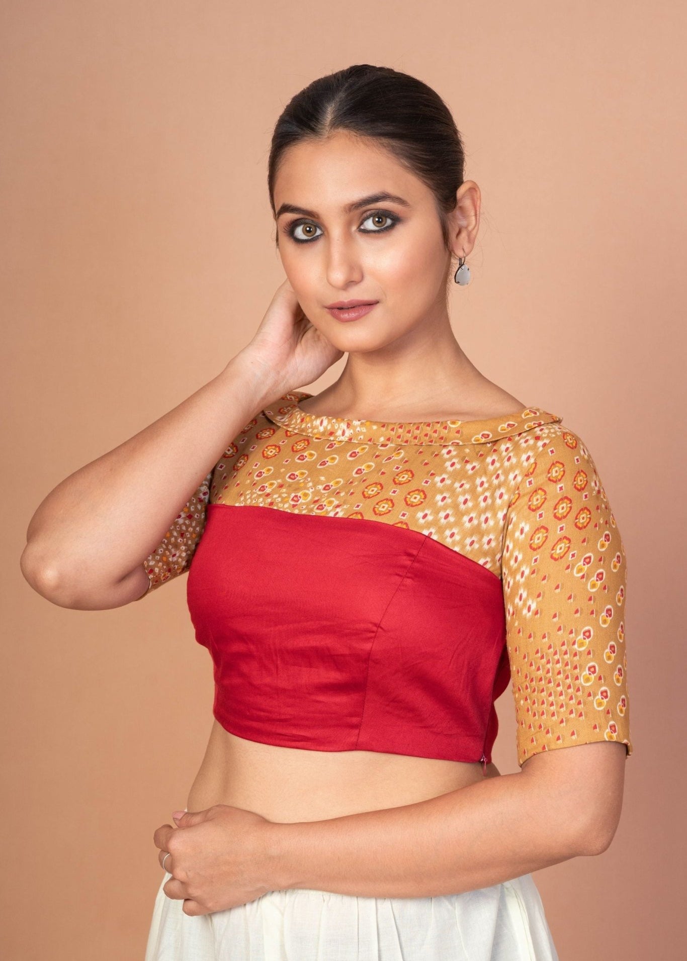 Maroon and Musturd Yellow Printed Designer blouse with Boat Neckline and Elbow Sleeves - Anvi Couture