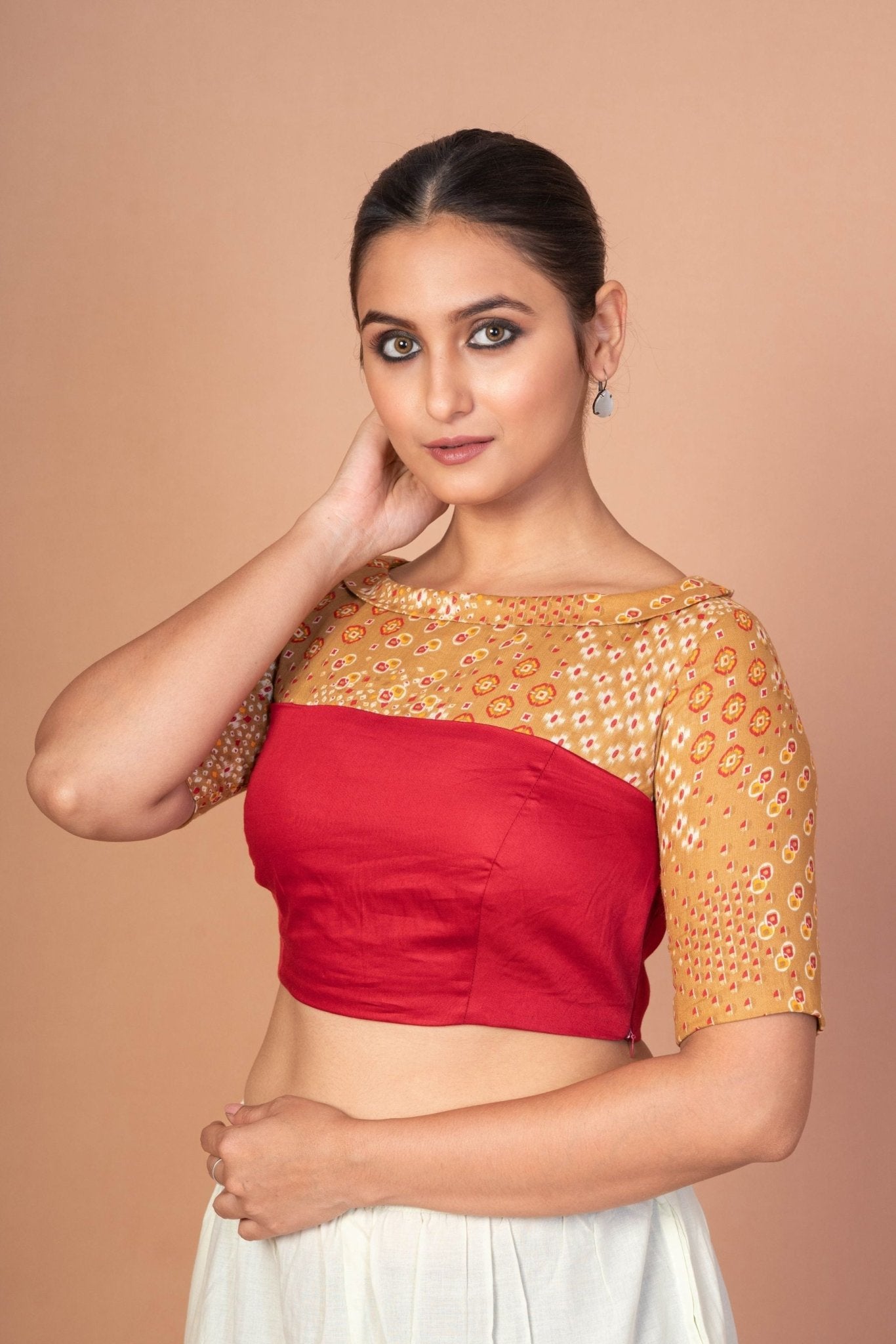 Maroon and Musturd Yellow Printed Designer blouse with Boat Neckline and Elbow Sleeves - Anvi Couture