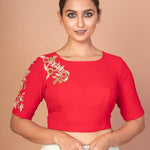 Red Closed Neck and Eblow Sleeves Hand Embroidered Designer Blouse - Anvi Couture