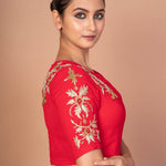 Red Closed Neck and Eblow Sleeves Hand Embroidered Designer Blouse - Anvi Couture