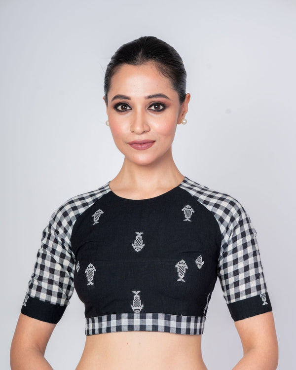 Black Cotton Handloom Blouse with Close Neck Back Closure - Anvi Couture - Front 1